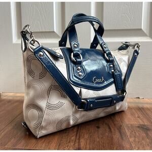 COACH Ashley Dotted Op Art Monogram Light Khaki Cobalt Leather Satchel Purse Bag